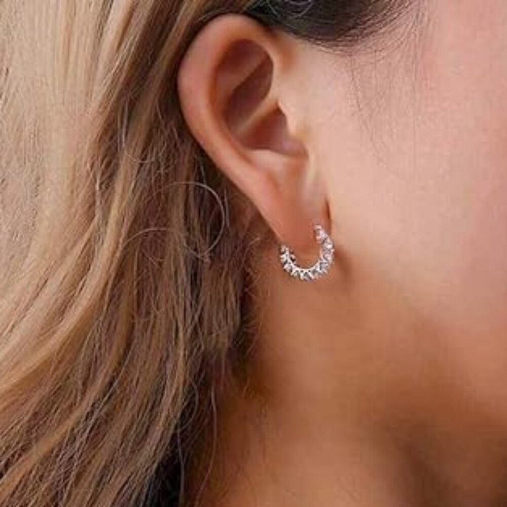 Women's 14K Gold Plated 925 Sterling Silver Cubic Zirconia Hoop Dainty Earrings - Picture 4 of 6